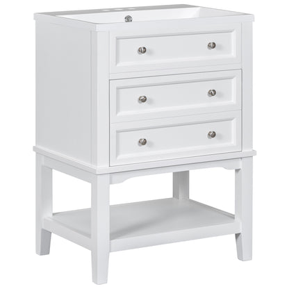 24" White Bathroom Vanity with Single Sink Free-standing Drawer and Open Shelf