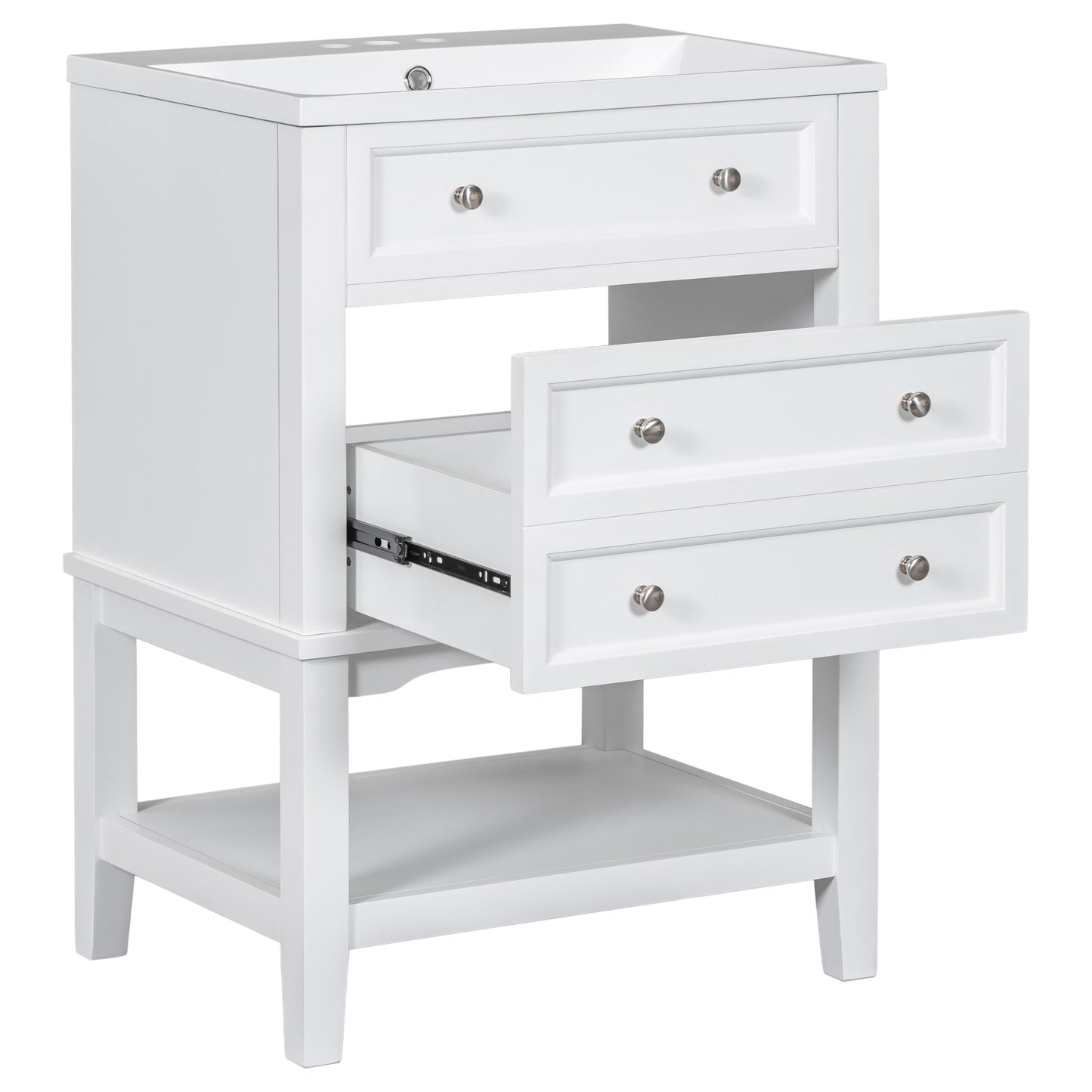 24" White Bathroom Vanity with Single Sink Free-standing Drawer and Open Shelf