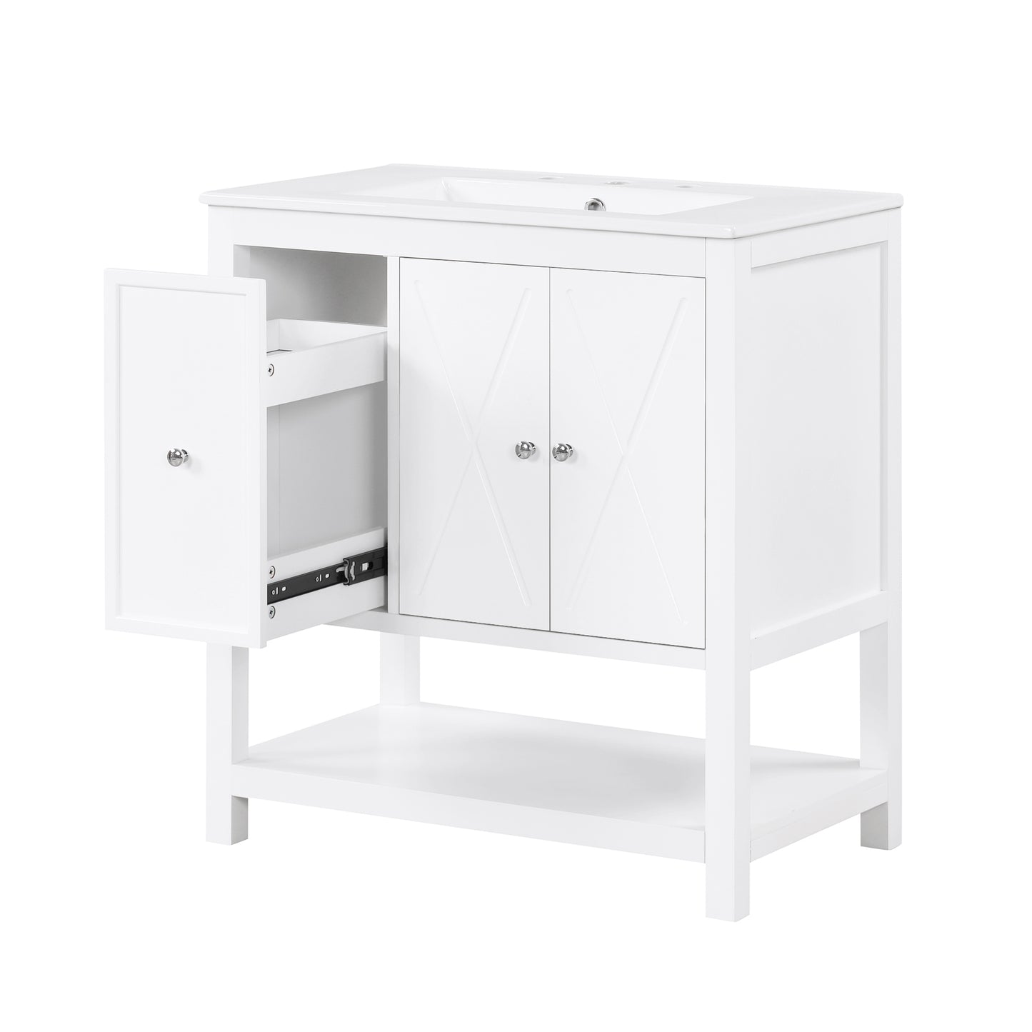 30" White Bathroom Vanity with Sink Top Freestanding Two Doors One Drawer