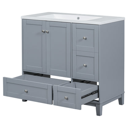 36" White & Gray Blue Bathroom Vanity with USB Charging Freestanding