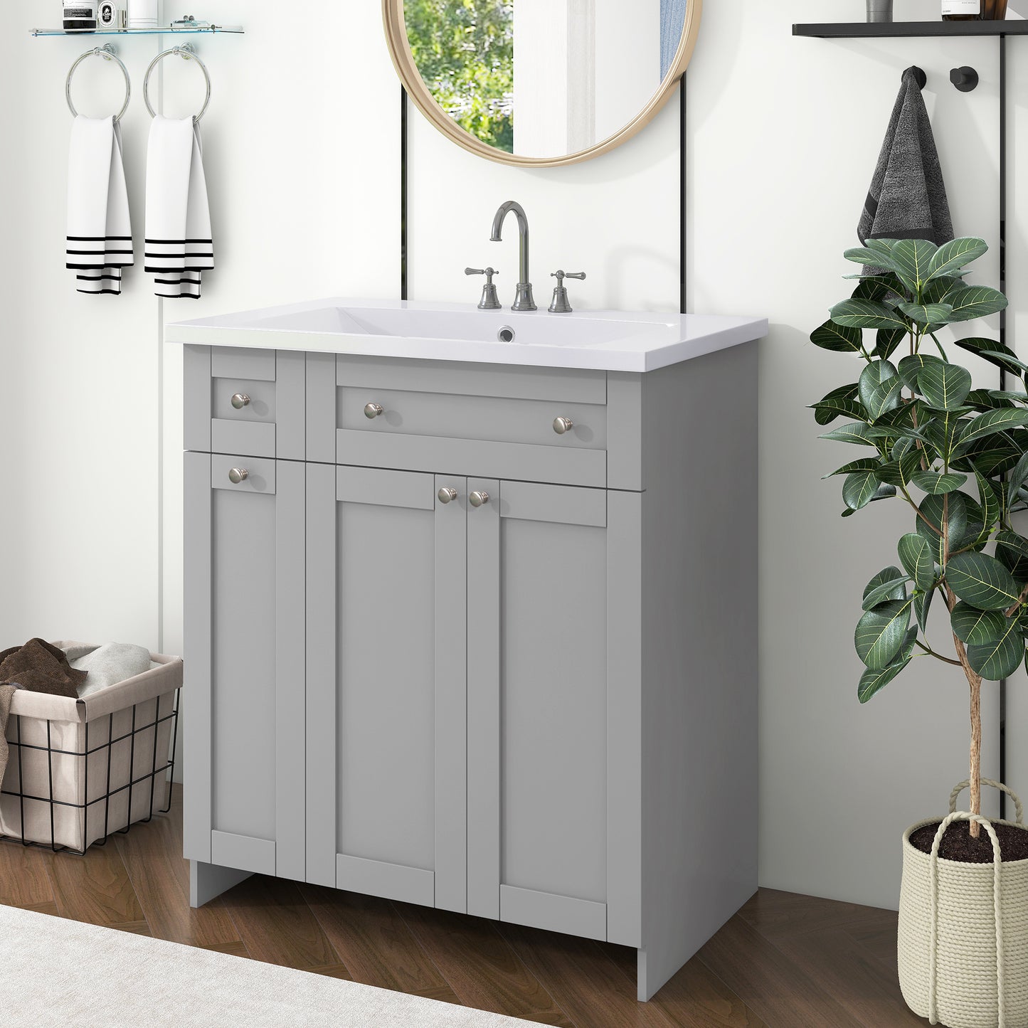 30" Grey Bathroom Vanity with Single Sink Freestanding Combo Cabinet