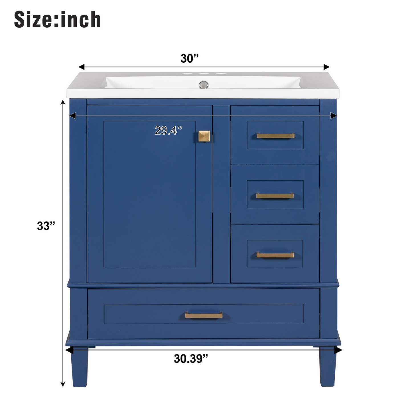 30" Blue Bathroom Vanity with Sink Freestanding Soft Closing Doors and 3 Drawers