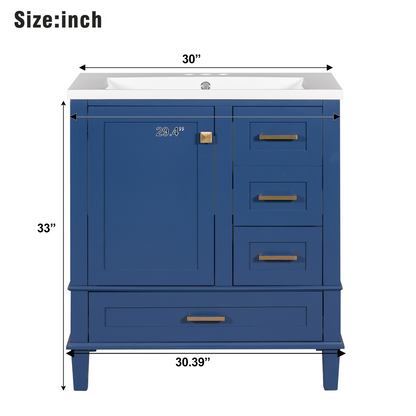 30" Blue Bathroom Vanity with Sink Freestanding Soft Closing Doors and 3 Drawers