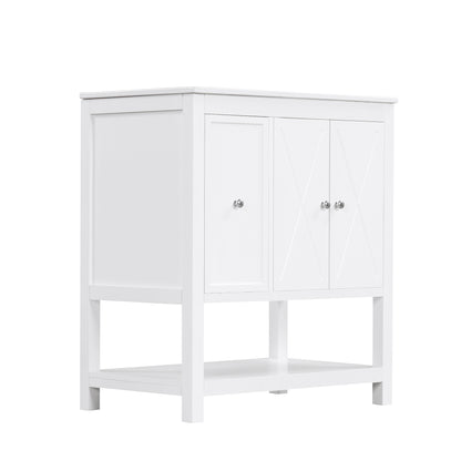 30" White Bathroom Vanity with Sink Top Freestanding Two Doors One Drawer