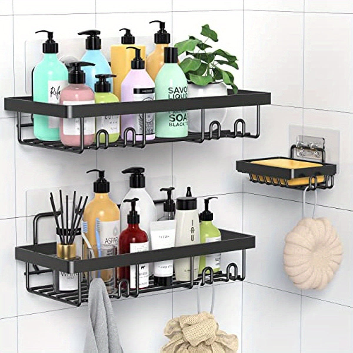 Upgrade Your Shower with Rustproof Storage: 2/3/4pcs Wall Mounted Adhesive Shower Organizer Shelf with Hooks & No Drilling! ➡ SO-00033