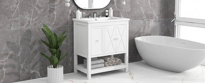 30" White Bathroom Vanity with Sink Top Freestanding Two Doors One Drawer