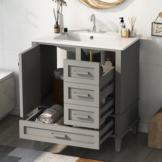 30" Grey Bathroom Vanity with Sink Freestanding Soft Closing Doors and 3 Drawers