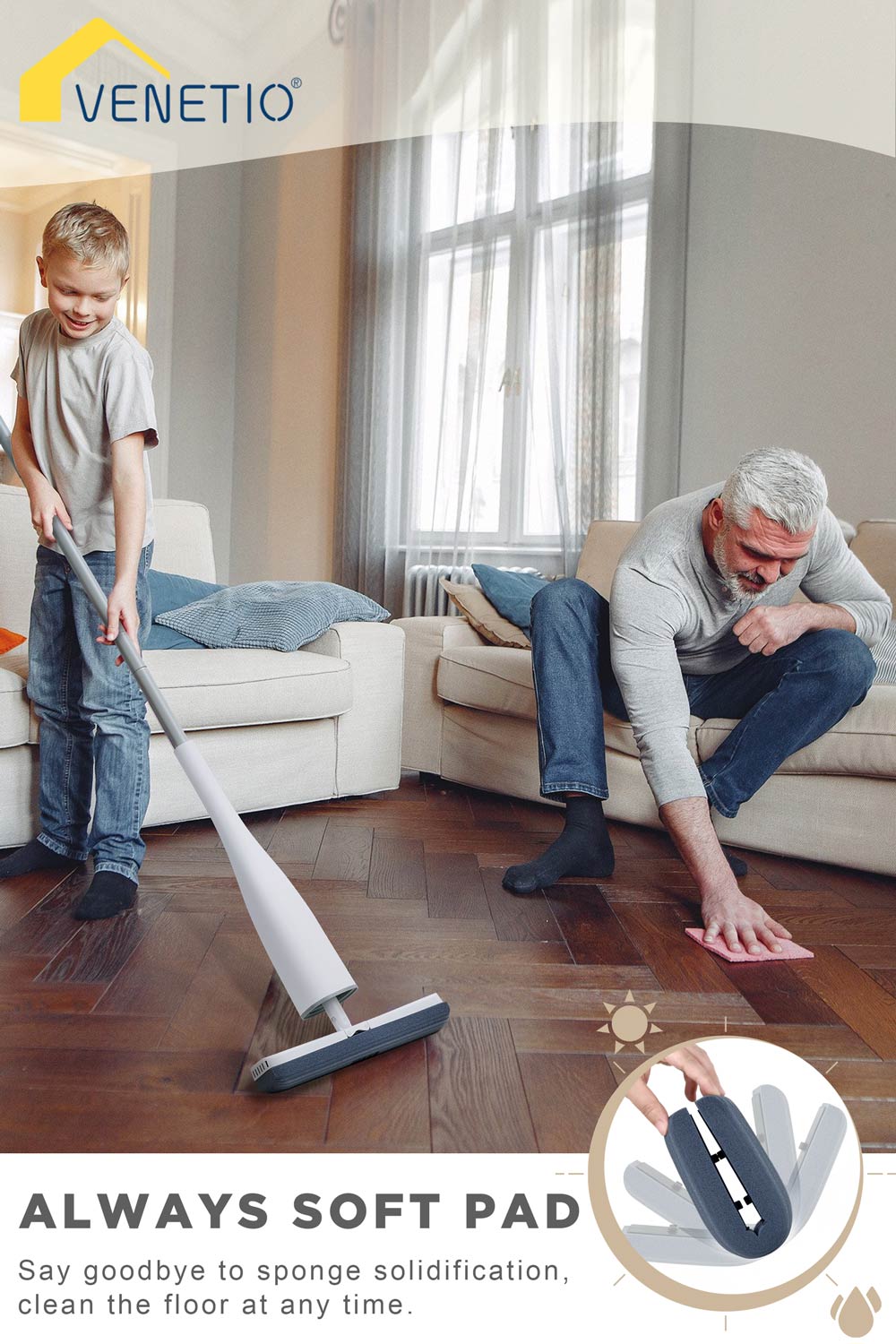 VENETIO Roller Sponge Mop for Floor Cleaning with 3 Biodegradable PU Mop Heads