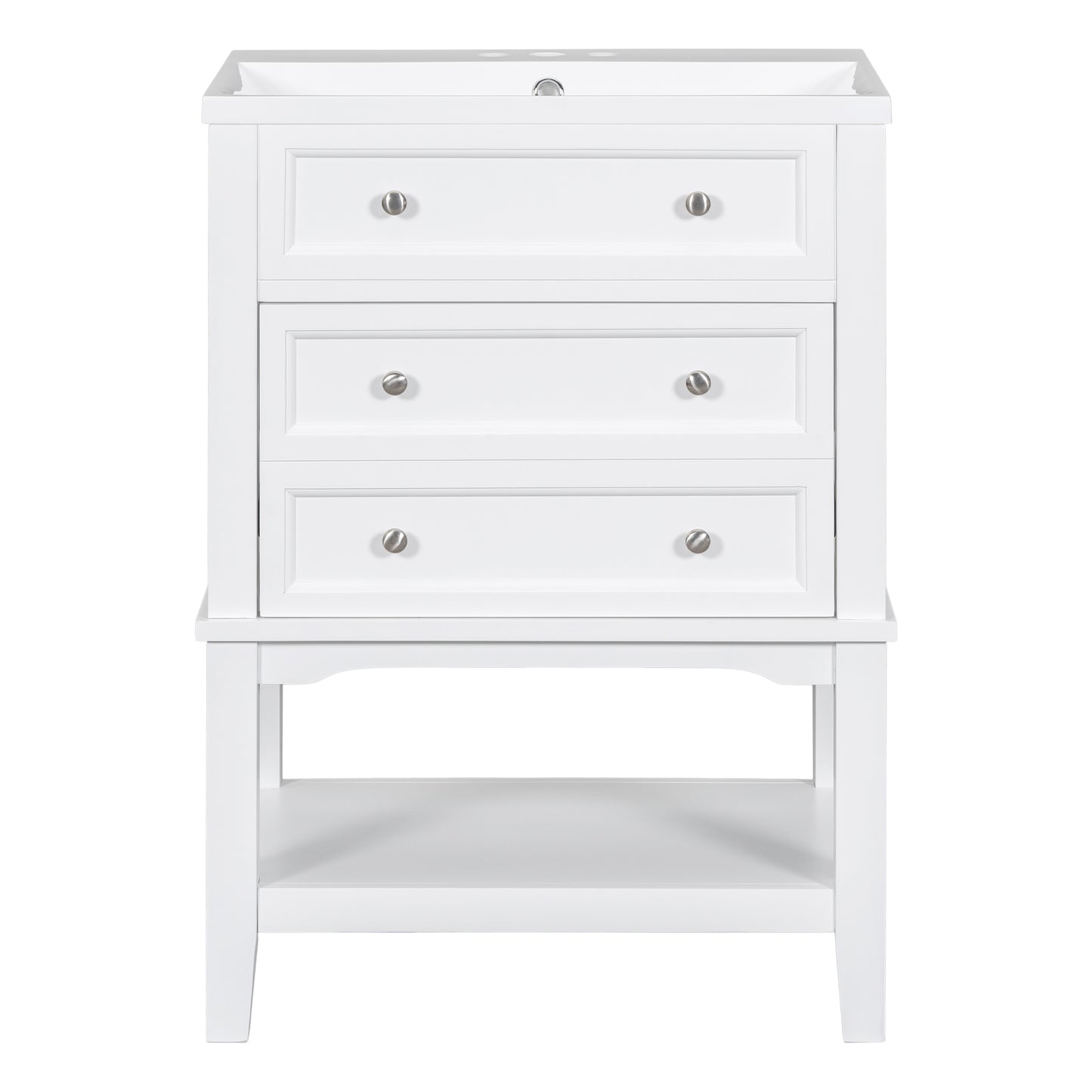 24" White Bathroom Vanity with Single Sink Free-standing Drawer and Open Shelf