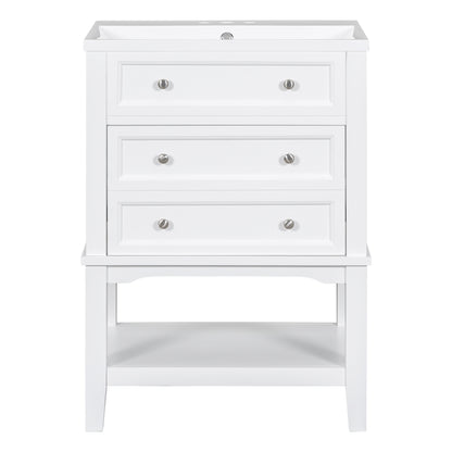 24" White Bathroom Vanity with Single Sink Free-standing Drawer and Open Shelf