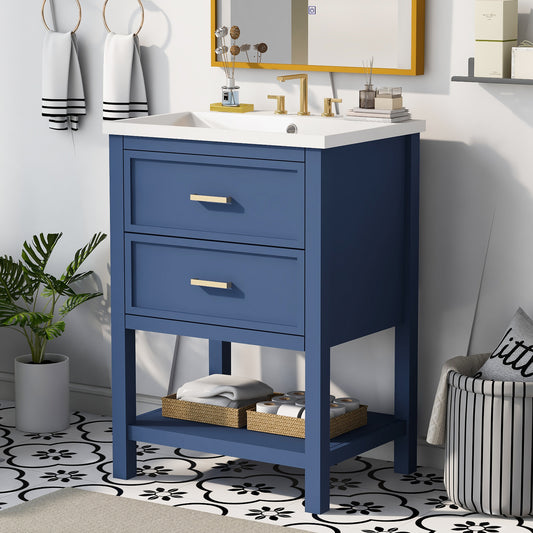 24" Blue Modern Bathroom Vanity with Top Sink Standing 2 Drawers