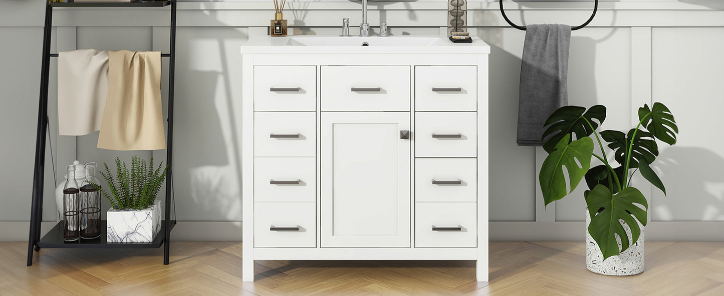 36" White Bathroom Vanity with Multifunctional Storage Space Freestanding