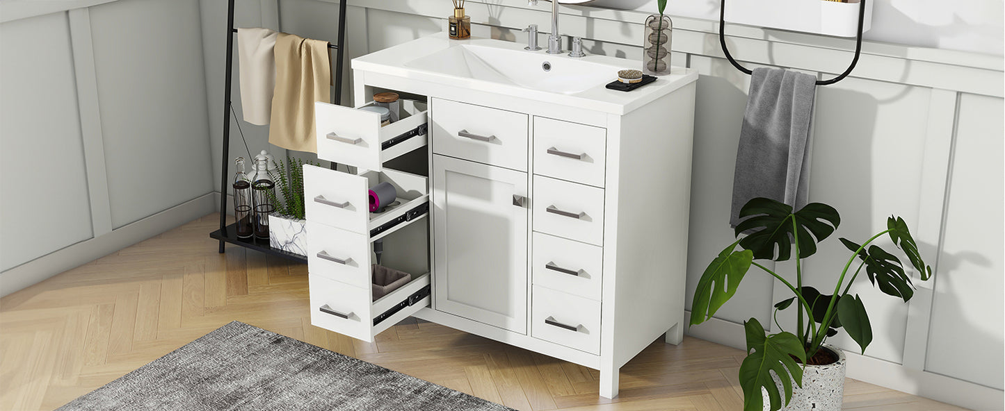 36" White Bathroom Vanity with Multifunctional Storage Space Freestanding