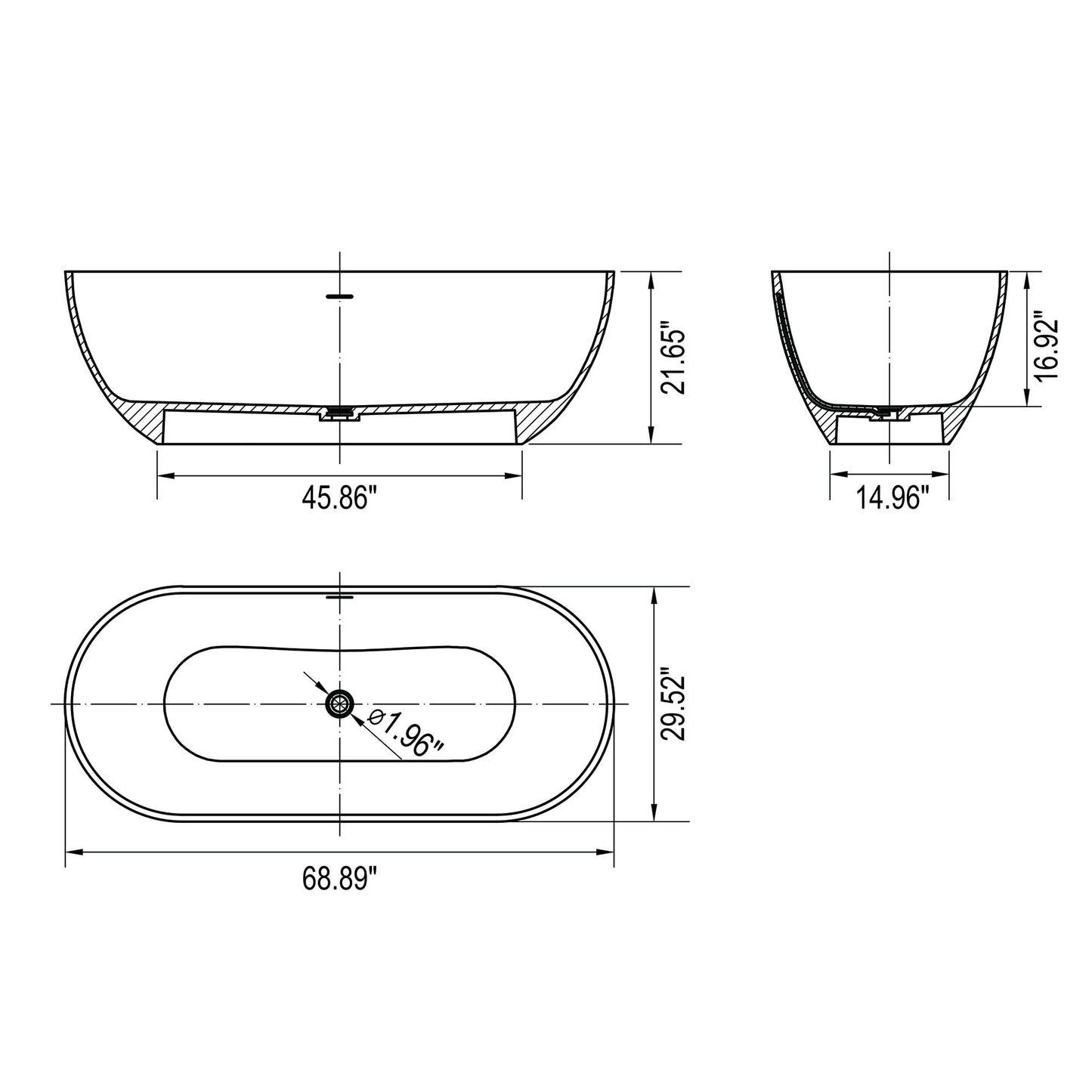 67" Matte White Freestanding Solid Surface Soaking Bathtub