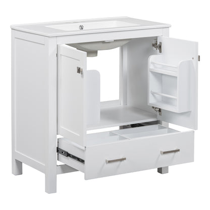 30" White Bathroom Vanity with Single Sink Freestanding Undermount Sink