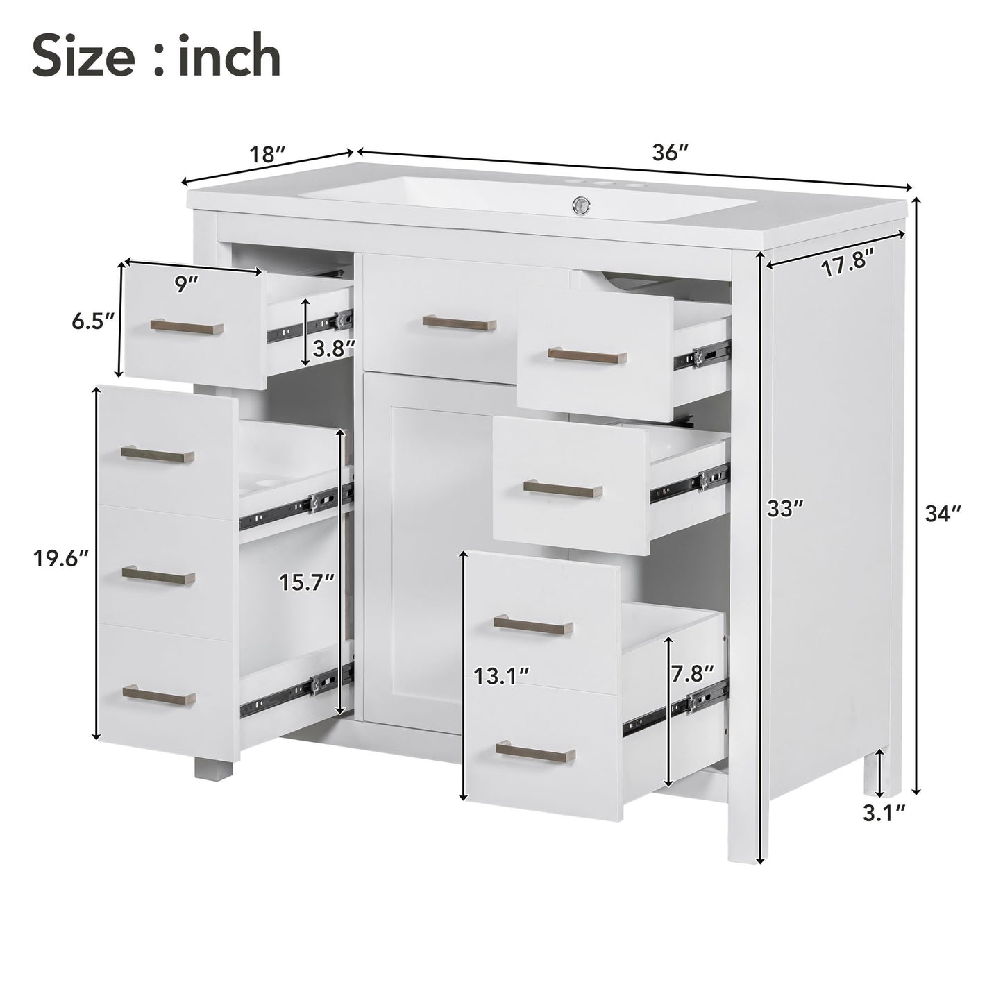 36" White Bathroom Vanity with Multifunctional Storage Space Freestanding