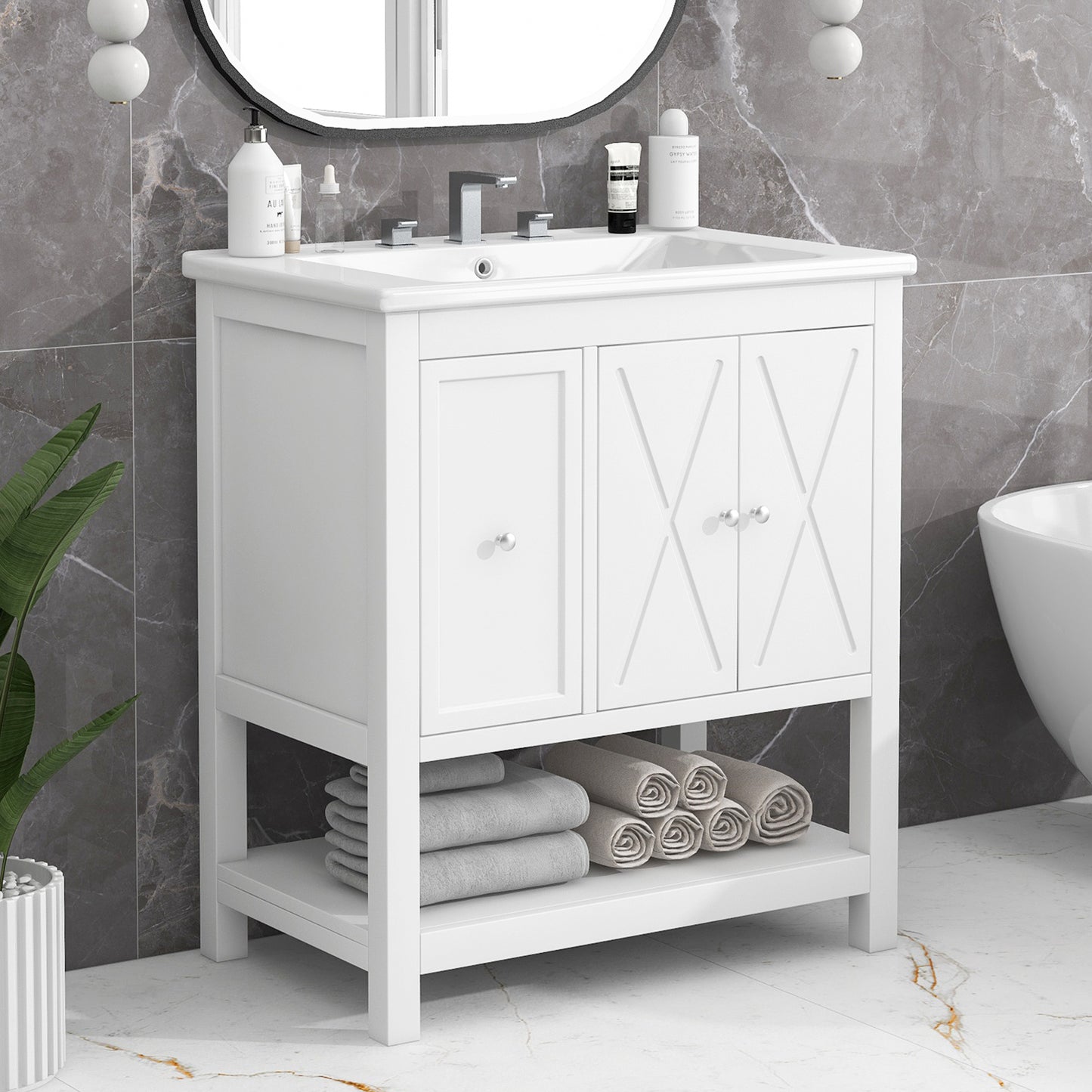 30" White Bathroom Vanity with Sink Top Freestanding Two Doors One Drawer