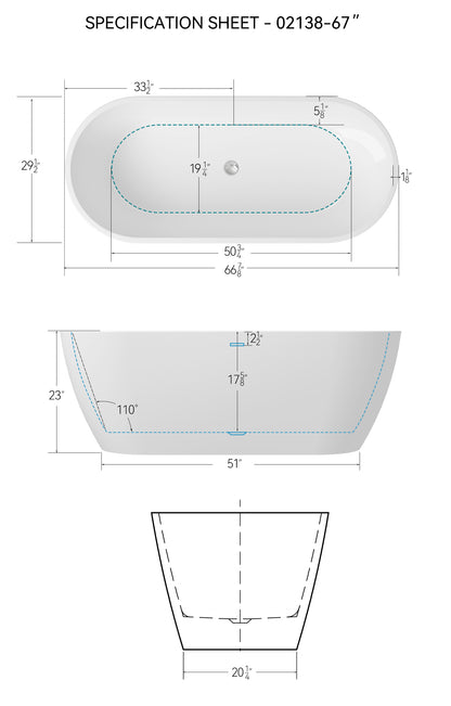 67" Glossy White Acrylic Freestanding Bathtub with Chrome Drain and Overflow