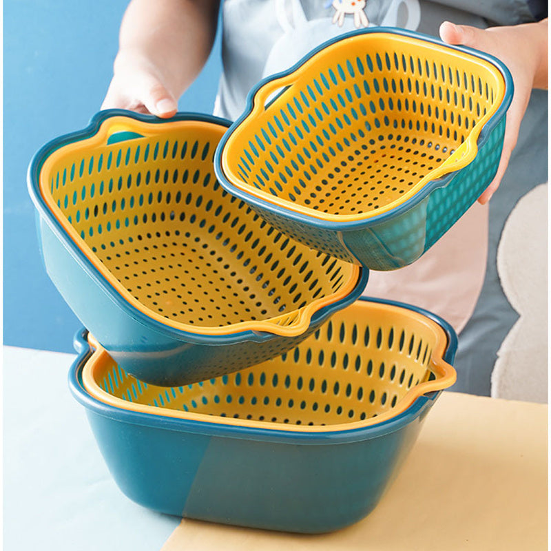 VENETIO 6-Piece Kitchen Drain Baskets Set: Multifunctional Plastic Double Layered Stackable Food Strainer, Fruit & Vegetable Washing Bowl & More! ➡ K-00003