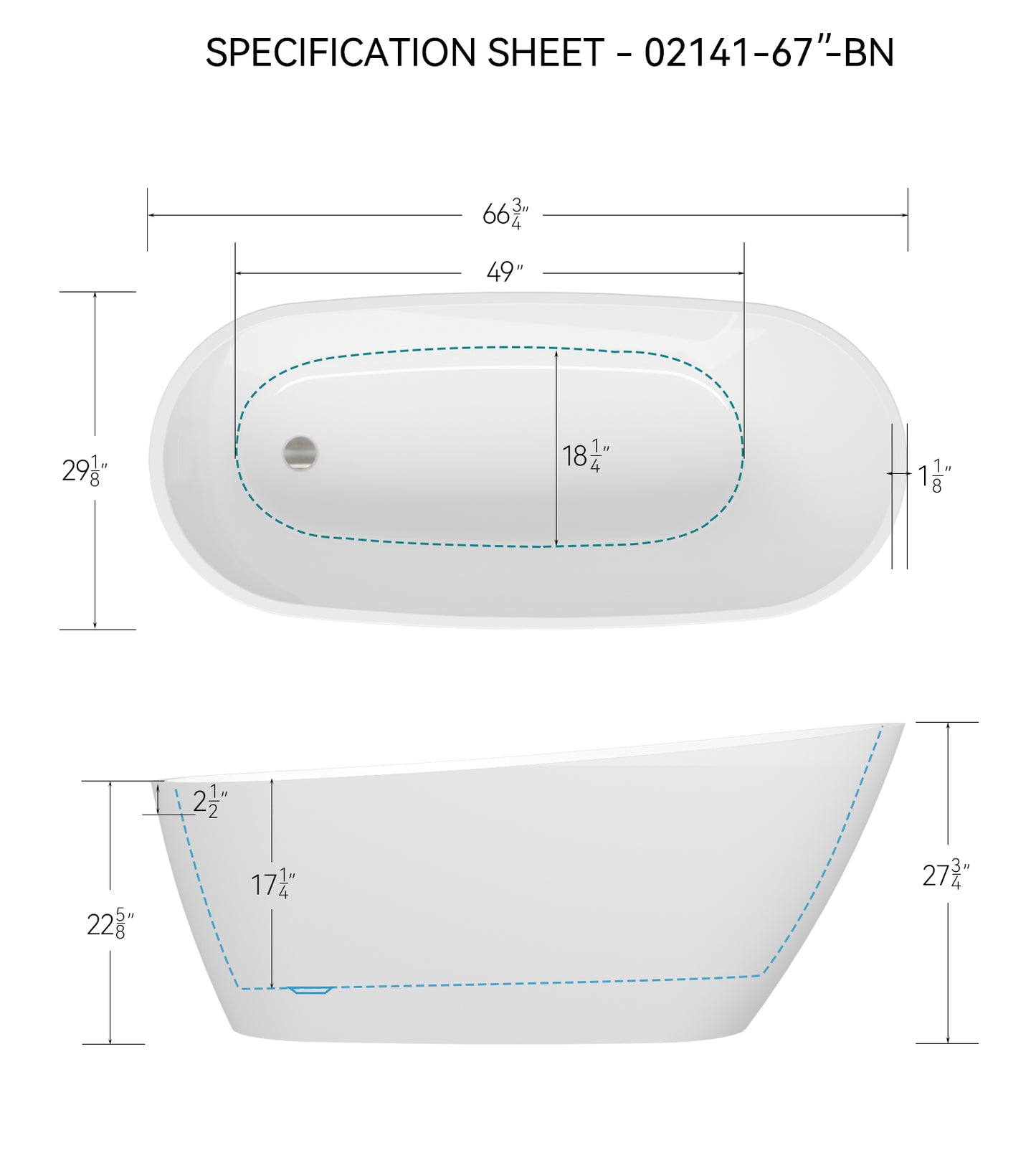 67" Glossy White Acrylic Freestanding Bathtub with Brushed Nickel Drain