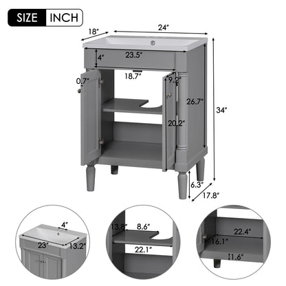 24" Grey Bathroom Vanity with Top Sink Standing Large Storage Shelves