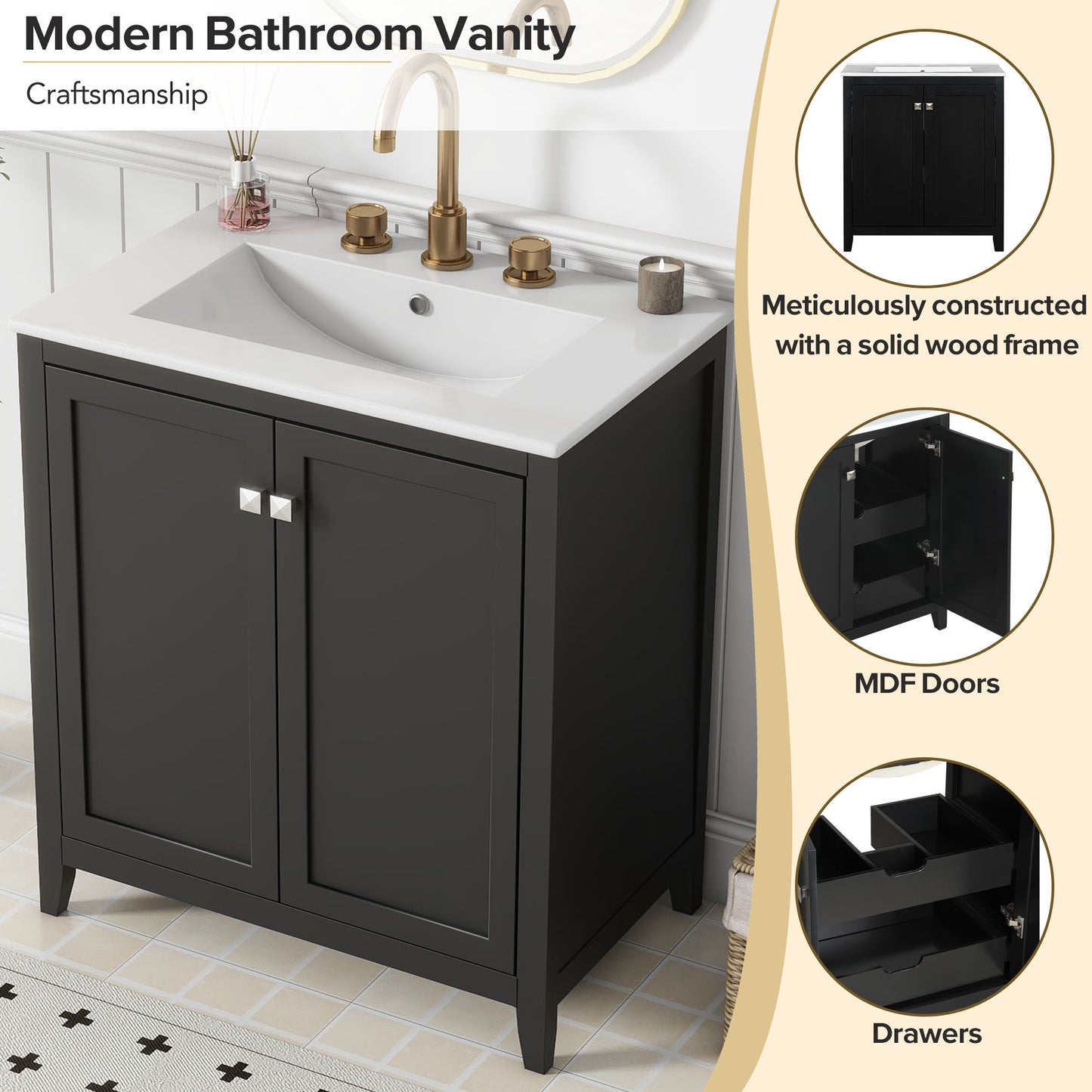 30" Freestanding Bathroom Vanity Combo with Ceramic Sink Shaker Style