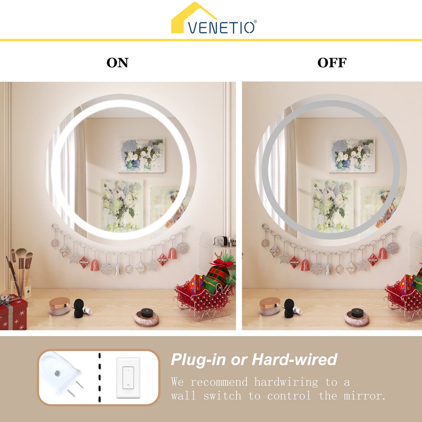 VENETIO 28'' 32'' Round LED Bathroom Vanity Mirror for Wall, Available in Canada