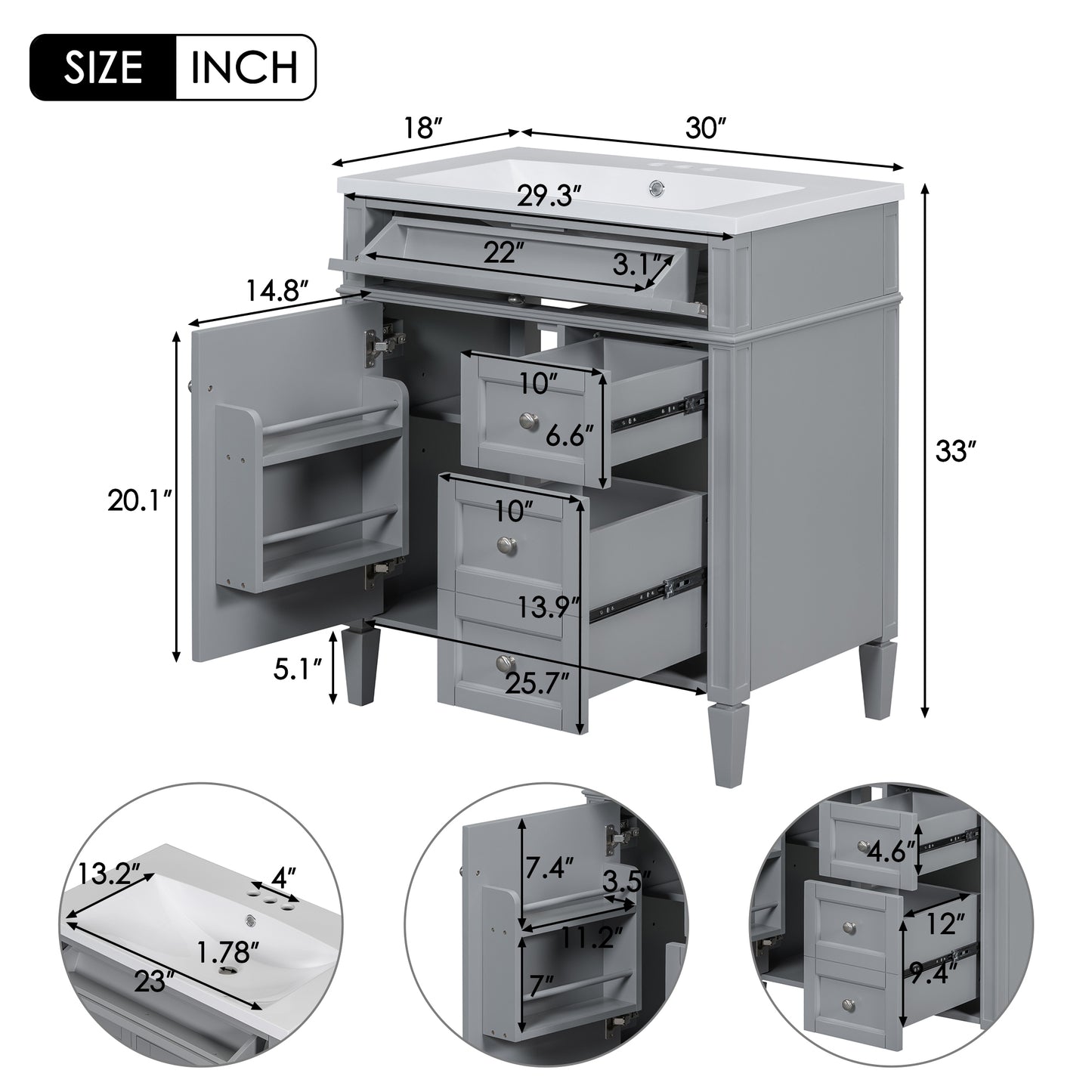 30" Modern Bathroom Vanity with Top Sink Freestanding 2 Drawers and Tip-out Drawer