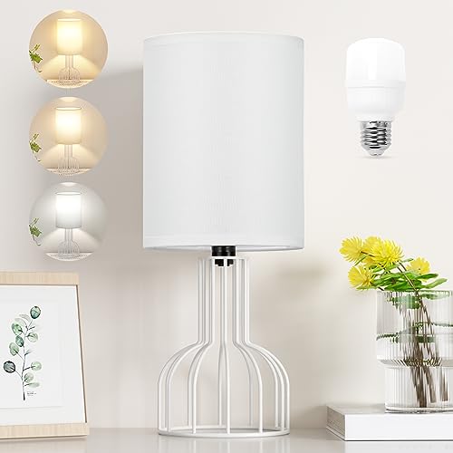 VENETIO Beside Table Lamp for Bedroom - Small Lamp with 3 Color Modes-3000K-4000K-5000K Nightstand Lamp with Simple Black Metal Base and White Fabric Shade for Kids, Living Room，Bedroom (LED Bulb Included) ➡ B-00008