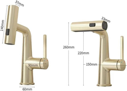 Mopo Brushed Gold Waterfall Bathroom Faucet with Pull Down Sprayer and Sink Drain Set