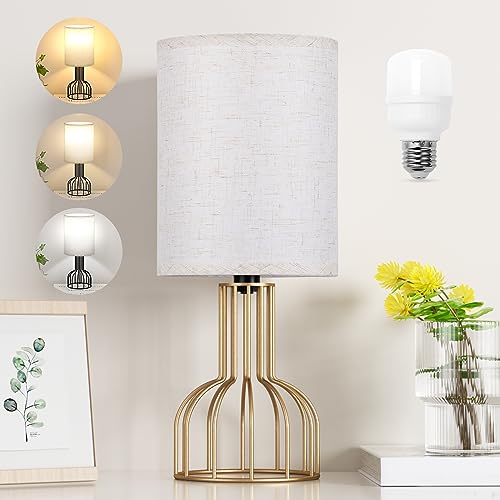 VENETIO Beside Table Lamp for Bedroom - Small Lamp with 3 Color Modes-3000K-4000K-5000K Nightstand Lamp with Simple Black Metal Base and White Fabric Shade for Kids, Living Room，Bedroom (LED Bulb Included) ➡ B-00008