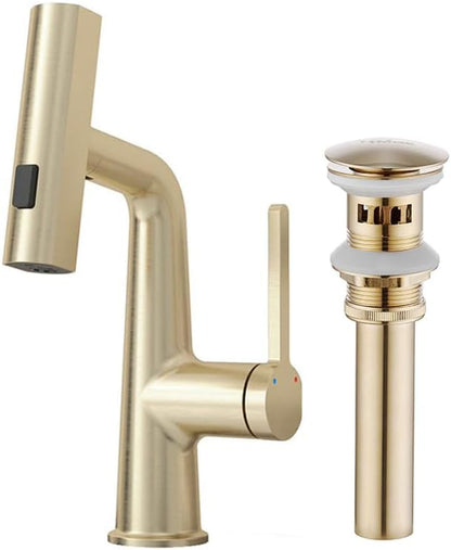 Mopo Brushed Gold Waterfall Bathroom Faucet with Pull Down Sprayer and Sink Drain Set