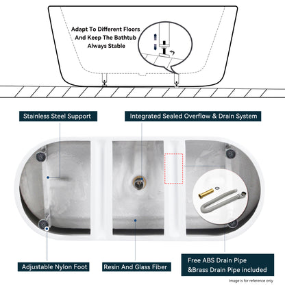 67" Glossy White Minimalist Acrylic Freestanding Bathtub with Brushed Nickel Drain