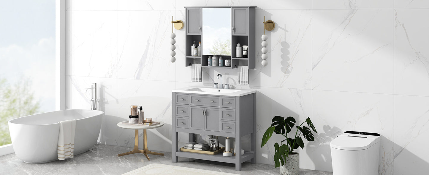 36" Modern Bathroom Vanity with Top Sink and Mirror Cabinet Freestanding