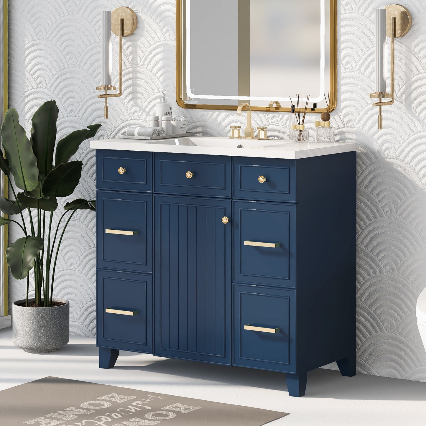 36" Navy Blue Bathroom Vanity with Sink Top Combo Freestanding