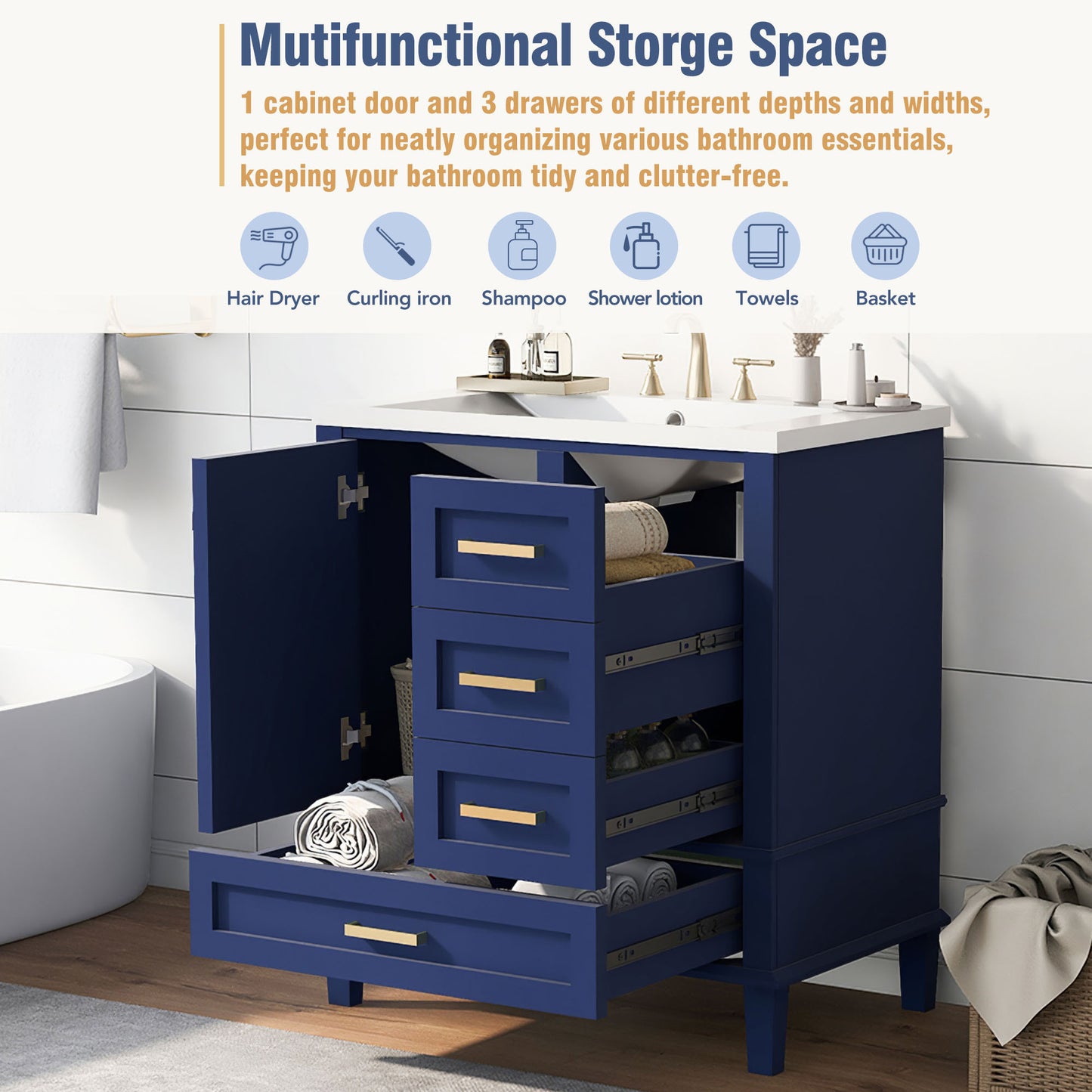 30" Blue Bathroom Vanity with Sink Freestanding Soft Closing Doors and 3 Drawers