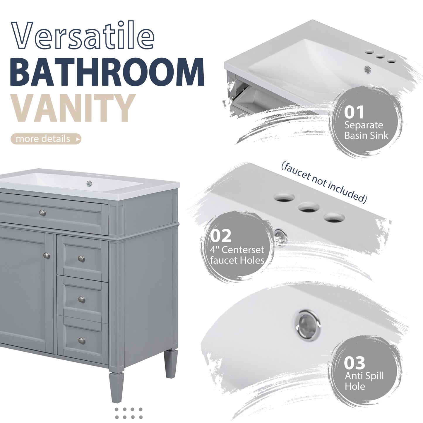 30" Modern Bathroom Vanity with Top Sink Freestanding 2 Drawers and Tip-out Drawer