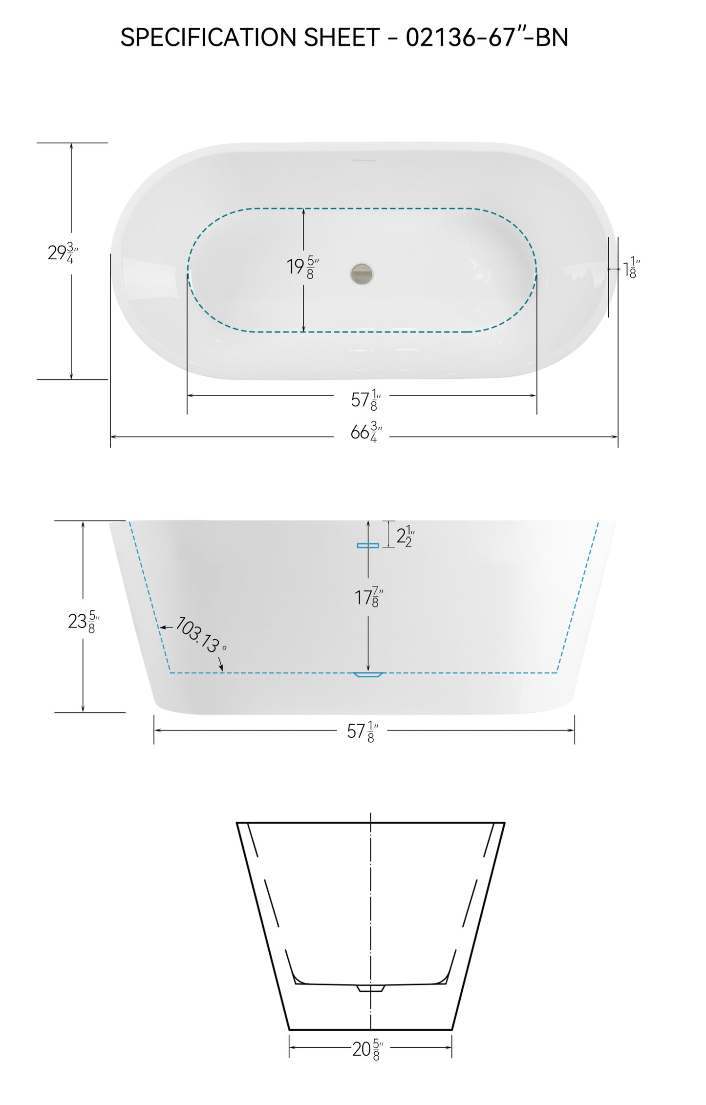 67" Glossy White Minimalist Acrylic Freestanding Bathtub with Brushed Nickel Drain