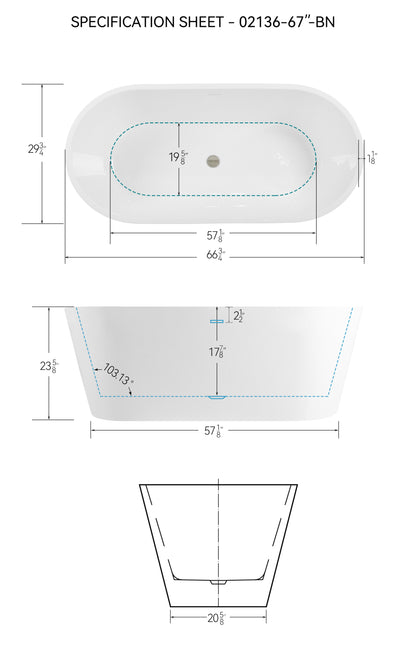 67" Glossy White Minimalist Acrylic Freestanding Bathtub with Brushed Nickel Drain