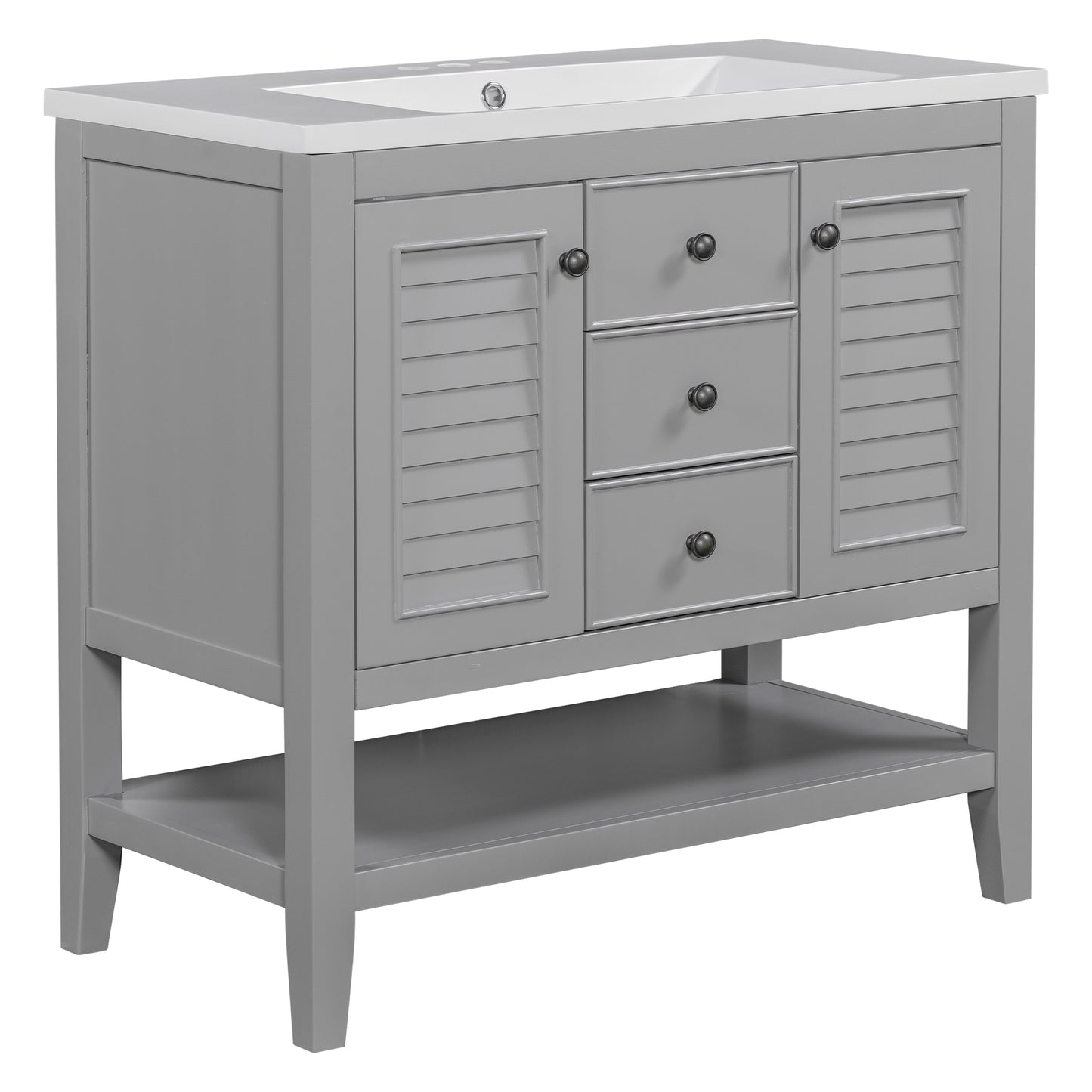 36" Grey Bathroom Vanity with Ceramic Basin Freestanding