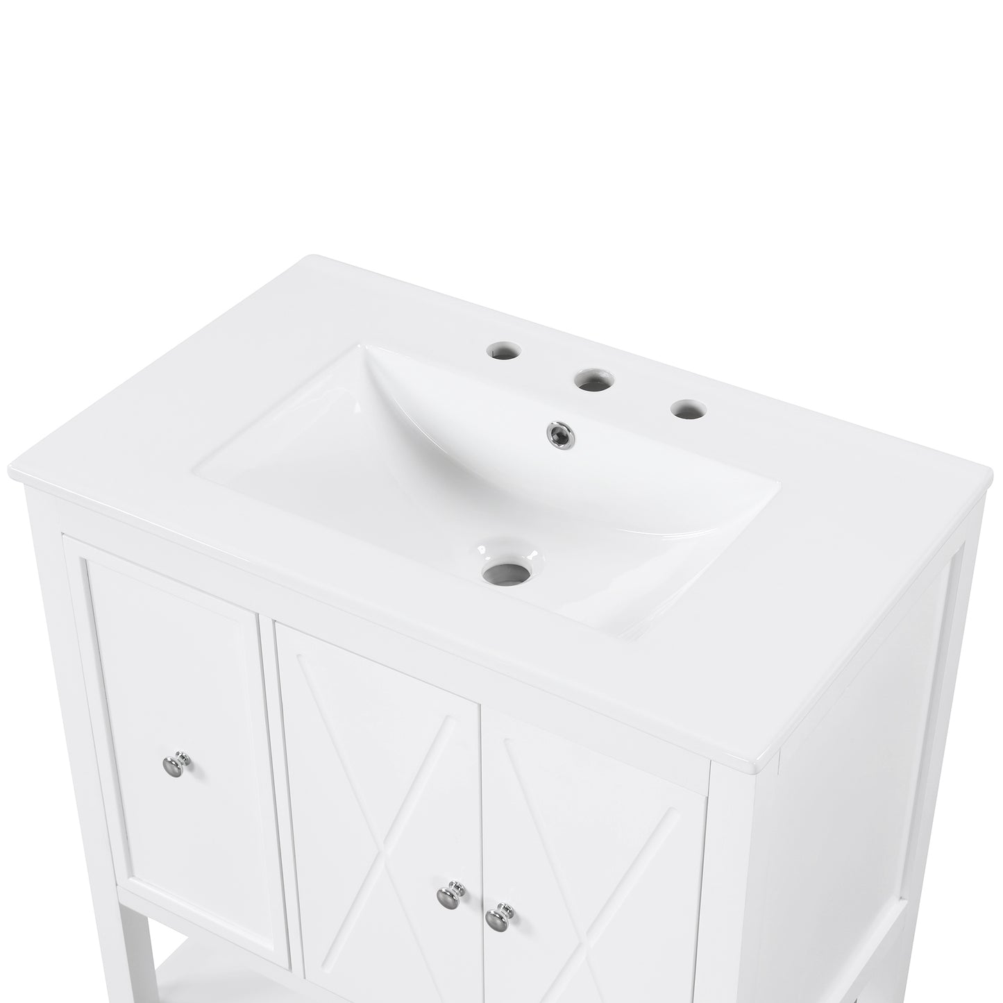 30" White Bathroom Vanity with Sink Top Freestanding Two Doors One Drawer