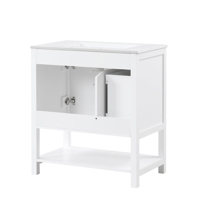 30" White Bathroom Vanity with Sink Top Freestanding Two Doors One Drawer