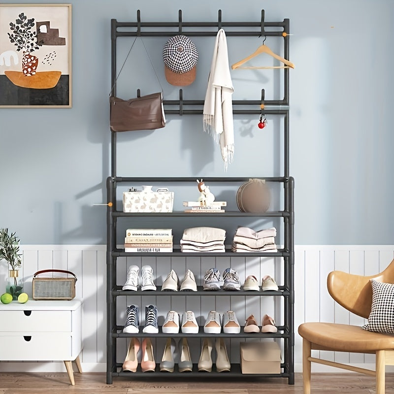 Organize Your Home with this Stylish Metal Entrance Coat Rack - 5 Shelves & 8 Double Hooks! ➡ SO-00022