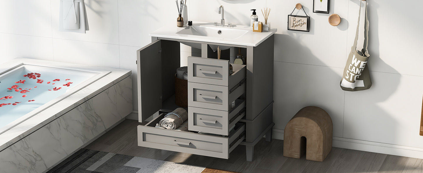 30" Grey Bathroom Vanity with Sink Freestanding Soft Closing Doors and 3 Drawers