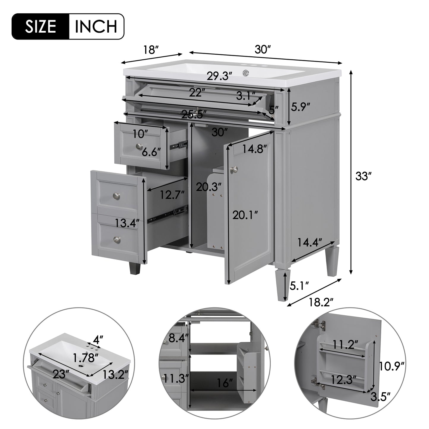 30" Modern Bathroom Vanity with Top Sink Freestanding 2 Drawers and Tip-out Drawer