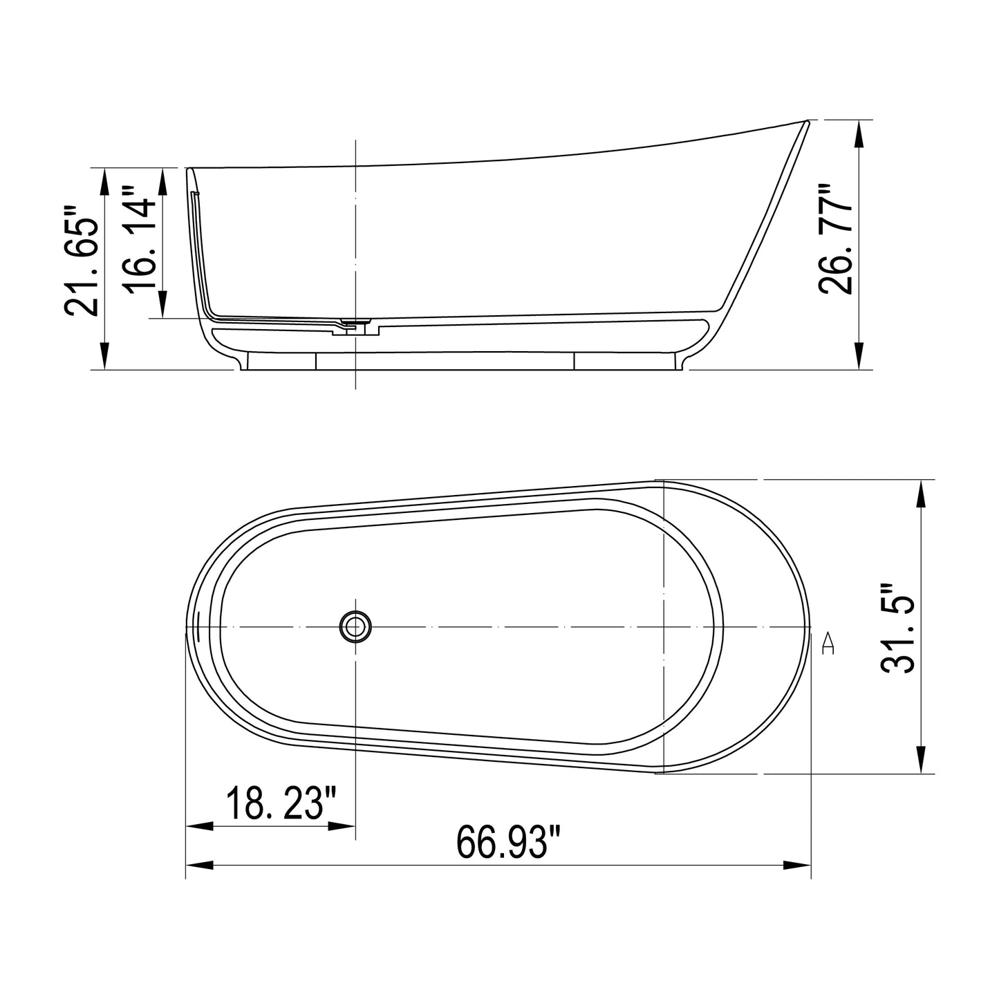 67" Matte White Solid Surface Stone Resin Oval Freestanding Bathtub