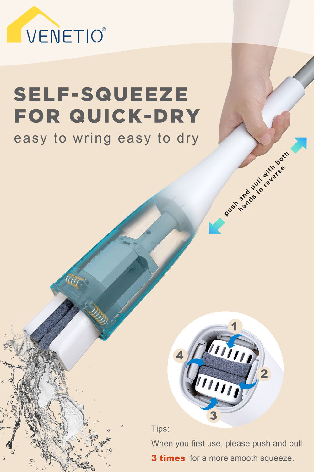 VENETIO Roller Sponge Mop for Floor Cleaning with 3 Biodegradable PU Mop Heads