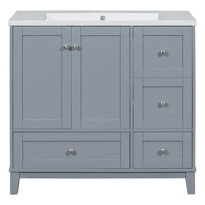 36" White & Gray Blue Bathroom Vanity with USB Charging Freestanding