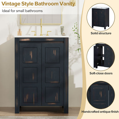 24" Vintage Bathroom Vanity with Ceramic Sink Standing 2 Soft Close Doors