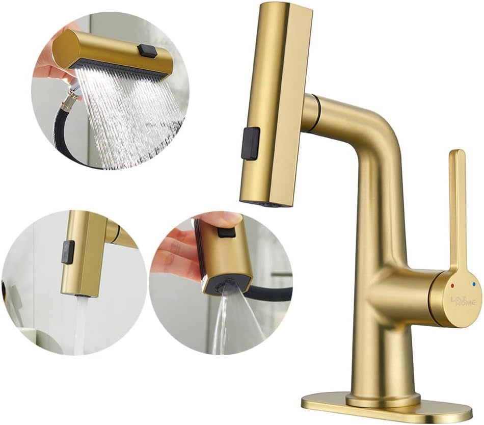 Mopo Brushed Gold Waterfall Bathroom Faucet with Pull Down Sprayer and Sink Drain Set